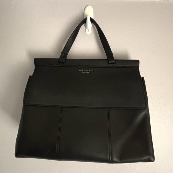 Tory Burch Block-T Satchel Top Handle Crossbody Shoulder Bag Black Leather - Picture 4 of 9